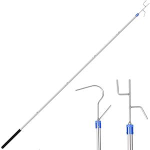 clothes hook pole74-inch adjustable poleSuitable for hanging christmas light pole, closet reacher pole with hook, with hooks hanger polePole hooks made of stainless steel and 2 long hooks