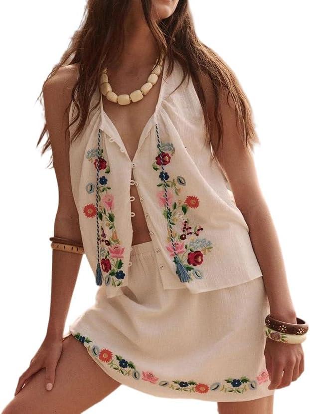 Tie Front Tank Top Women Y2k Floral Babydoll Crop Vest Cami Teen Girl Coquette Sexy Going Out Camisole Blouse Shirt (Small, White Floral Button)