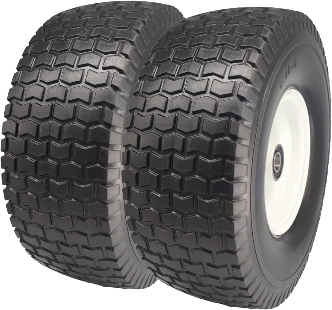 Set of 2 Flat Free 15x6.00-6 Lawn Mower Tire with 3/4 & 5/8" Bearing, 15x6x6 Tire and Wheel for Lawn Tractor Front Tire Assembly Replacement Lawn & Garden Riding Mower, 3” Hub