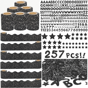 Kosiz Black Glitter Bulletin Board Decoration Set 118 ft Scalloped Bulletin Board Borders Classroom Poster Border Trim with 257 Pcs Letter Number Symbol Cutout for Back to School Graduation Decor