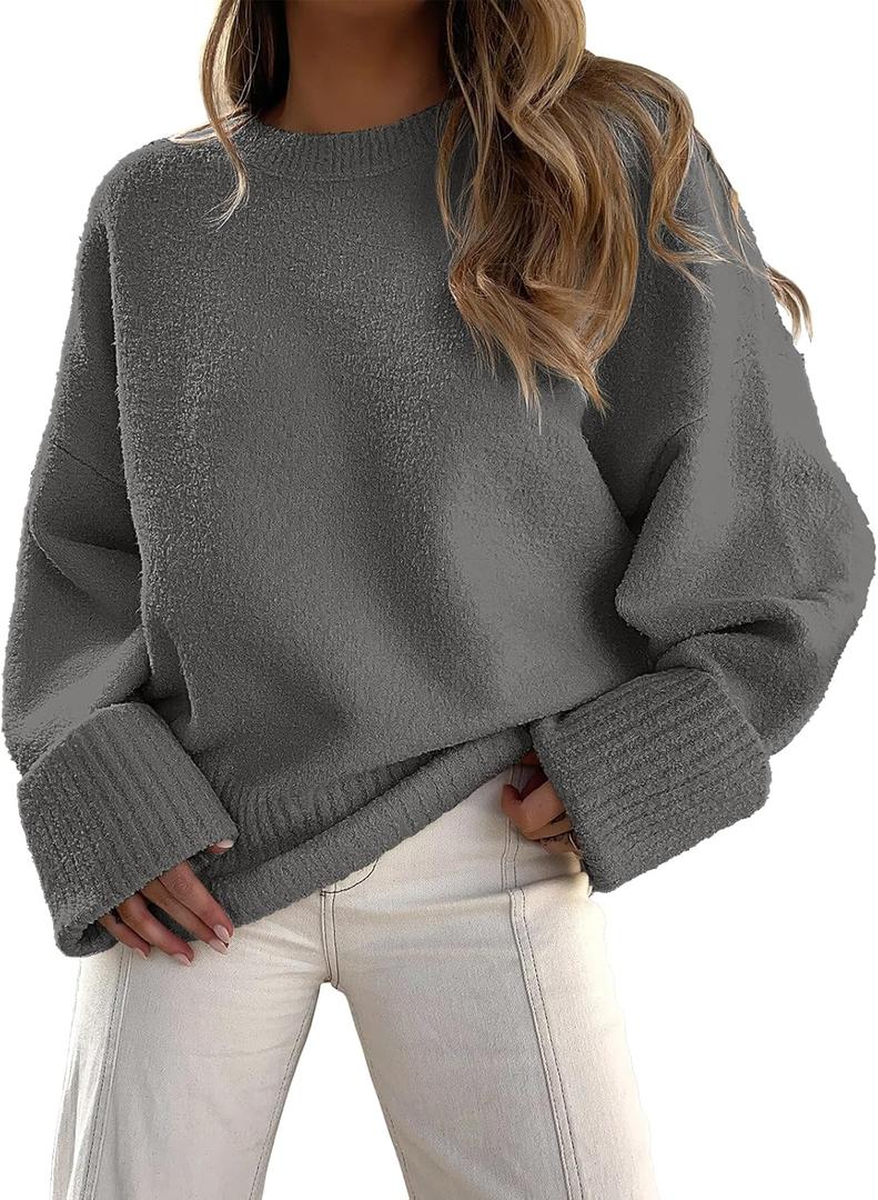 ANRABESS Women's Oversized Sweaters 2025 Long Sleeve Fuzzy Knit Casual Chunky Pullover Sweater Fall Outfits Clothes (Medium, Grey)