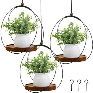 3 Pack Hanging Planters for Indoor Black Plant Hanger with Round Wood Base Large Indoor Hanging Plant Shelf Round Boho Holder Gift for Mom,Housewarming