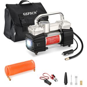 GSPSCN Silver Dual Cylinder 12V Air Compressor Pump for Car, Heavy Duty Portable Tire Inflator 150PSI with LED Work Lights for Auto,Truck,SUV, RV,Balls etc