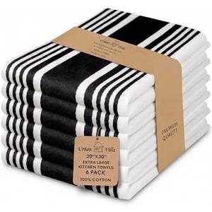 Urban Villa Kitchen Towels 100% Cotton Dish Towels for Kitchen (Set of 6)20”x30” Dish Cloths Highly Absorbent Kitchen Linen Set with Hanging Loop Perfect for Drying Dishes Cleaning Towels-Black White