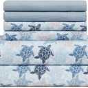 Caribbean Joe 6-Piece Sheet Set with Cooling Pillowcases, 12-inch Deep Pockets, Tropical Beach Coastal Design, Queen, Fanta Sea Blue