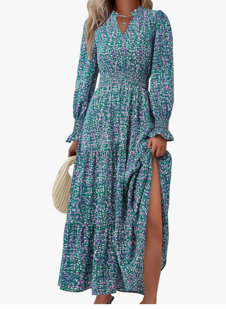 PRETTYGARDEN Women's Floral Maxi Dress 2025 Fall Long Sleeve V Neck Casual A Line Long Flowy Boho Party Dresses, XL