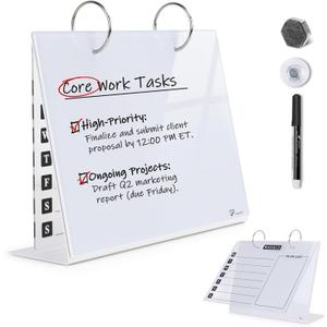Desktop Glass Dry Erase & Acrylic Aesthetic Desk Calendar Weekly to-do List Combo, Small Magnetic Standing Whiteboard, Desk Flip Easel Calendar with Accessories for Home Office Supply, White, 9 x 7''