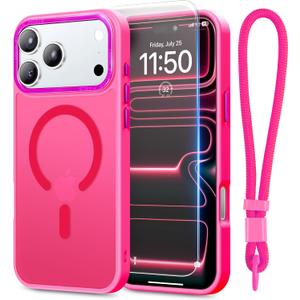 Peerock Stronger Magnetic & Shockproof for iPhone 17 Pro Max Case, Fit for MagSafe, with Screen Protector & Wrist Strap, Military-Grade Drop, Translucent Slim for iPhone 17 ProMax Case, Hot Pink
