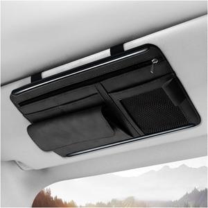 Car Sun Visor Organizer, Suede Leather Visor Glasses Storage Pocket Net Zipper Card Holder, Multi-Pocket Visor Sunglasses Organizer for Document Registration License Pen (Black)