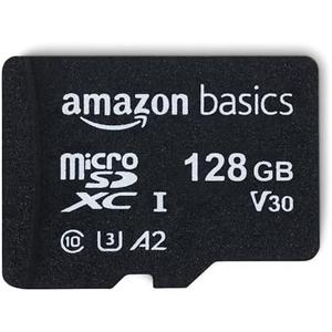 Amazon Basics Micro SDXC Memory Card with Full Size Adapter, A2, U3, Read Speed up to 100 MB/s, 128 GB, Black