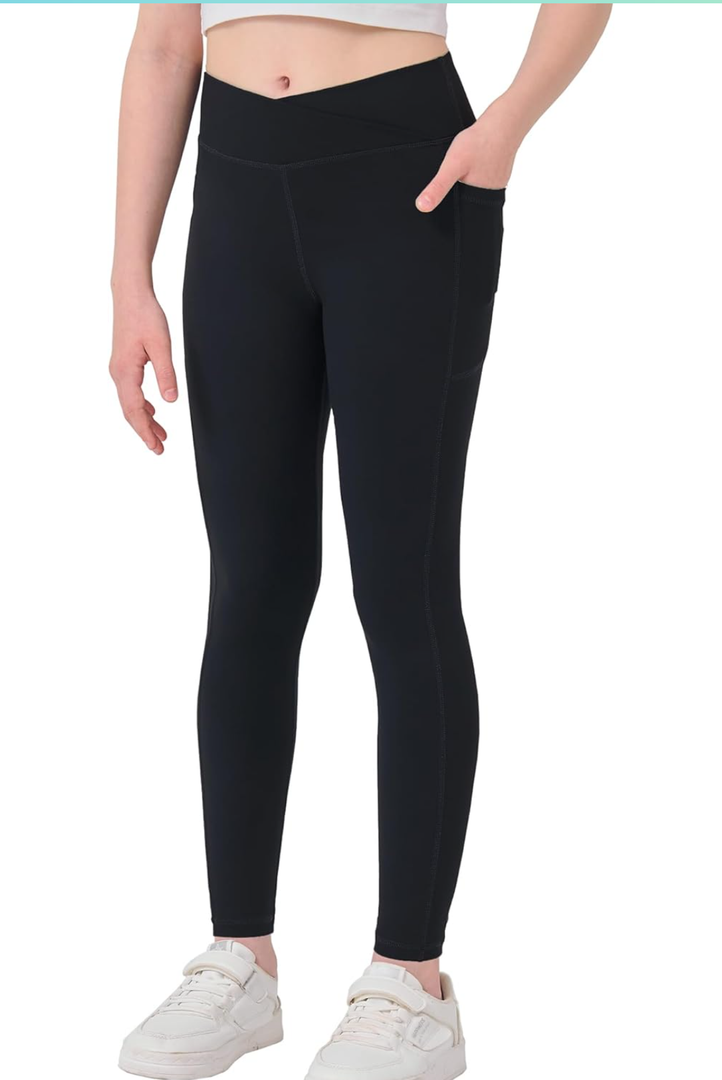 MEJING Pants, Kids Athletic Leggings with Pockets, Teen Girls Dance Running Workout Leggings, 4 XL