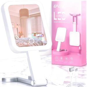 Travel Mirror with Lights, Magnifying Makeup Mirror 10X/1X Double Sided with 3 Color Lighting & Dimmable Touch Screen, Compact Handheld Cosmetic Vanity Mirror for Desktop Travel/Bathroom, Women Gifts (White + Silver)