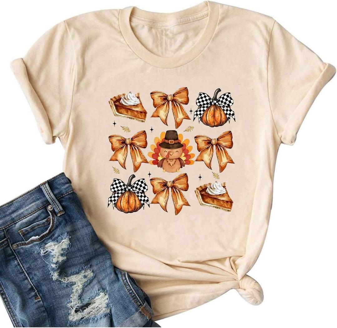 Thanksgiving Shirts for Women Thankful Pumpkin Bow Turkey Graphic T-Shirt Casual Autumn Fall Short Sleeve Tees Tops (S)