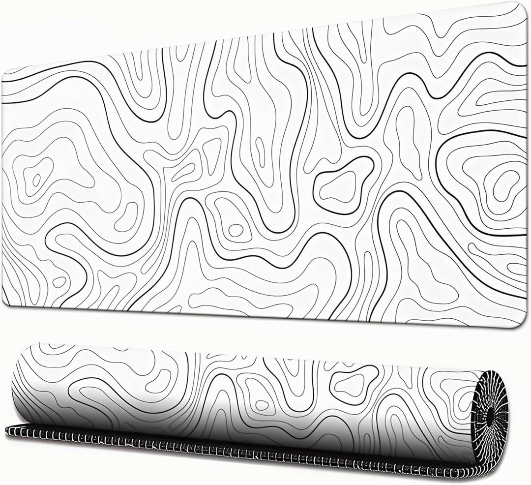 Large Gaming Mouse Pad, White Topographic Mousepad Desk Mat for Gaming Office, Long XL Mouse Pads Keyboard Pad Desk Pad for Computer Laptop 31.5''x11.8''