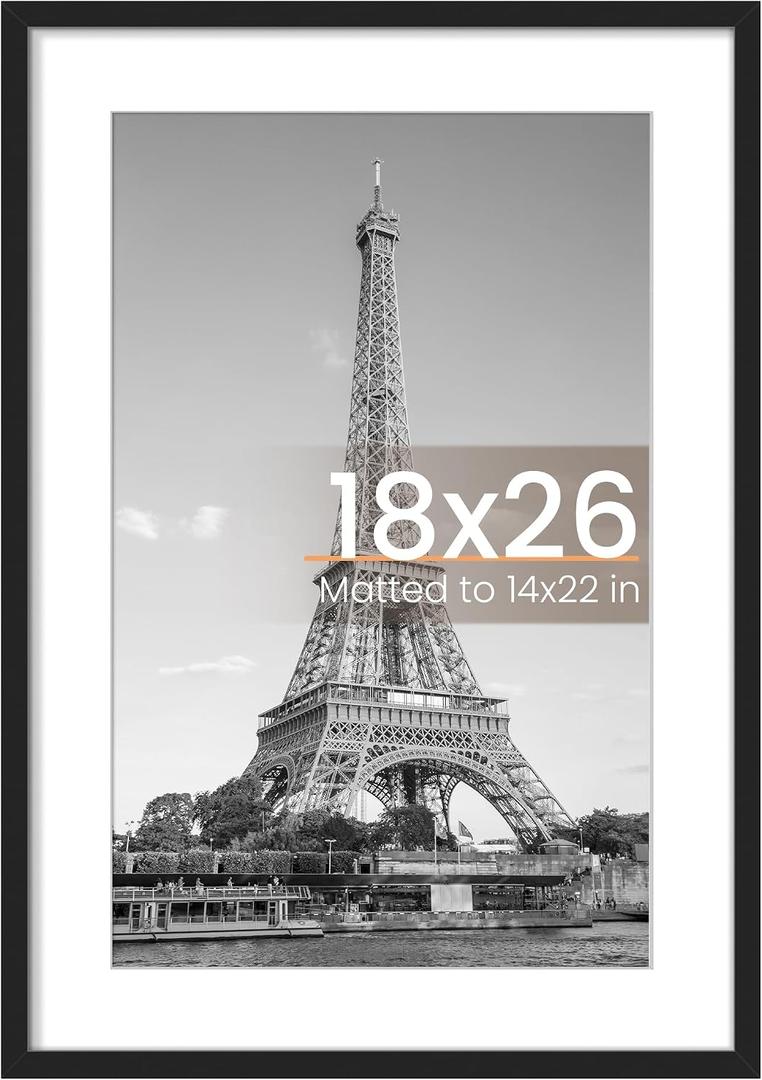 upsimples 18x26 Picture Frame, Display Pictures 14x22 with Mat or 18 x 26 Without, Wall Hanging Poster Frames, Black, 1 Pack