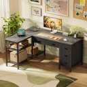 PRAISUN 47 Inch L Shaped Desk with Power Outlets, 5 Fabric Drawers