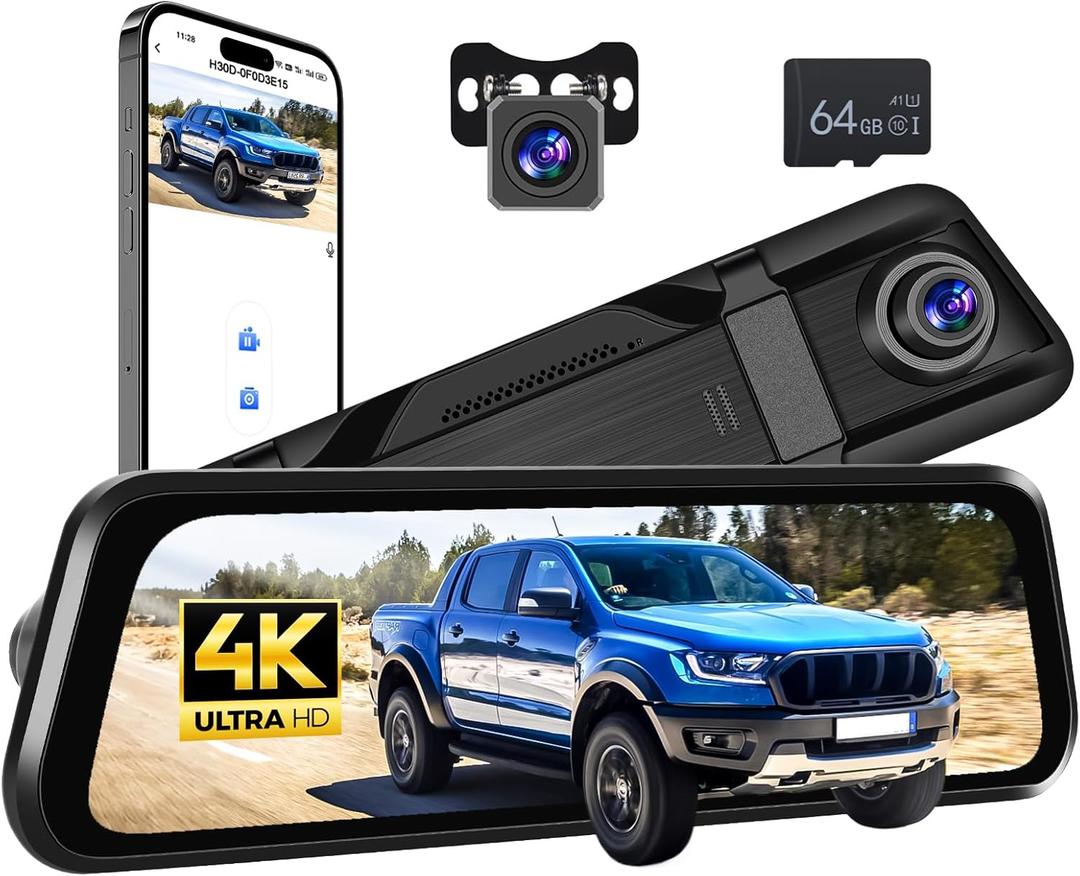 4K Mirror Dash Cam Front and Rear, 9.66 Inch Rear View Mirror Camera with ADAS, BSD, 1080P Camera Waterproof with WiFi,G-Sensor, DVR, App Control, Night Vision, 64GB TF Card