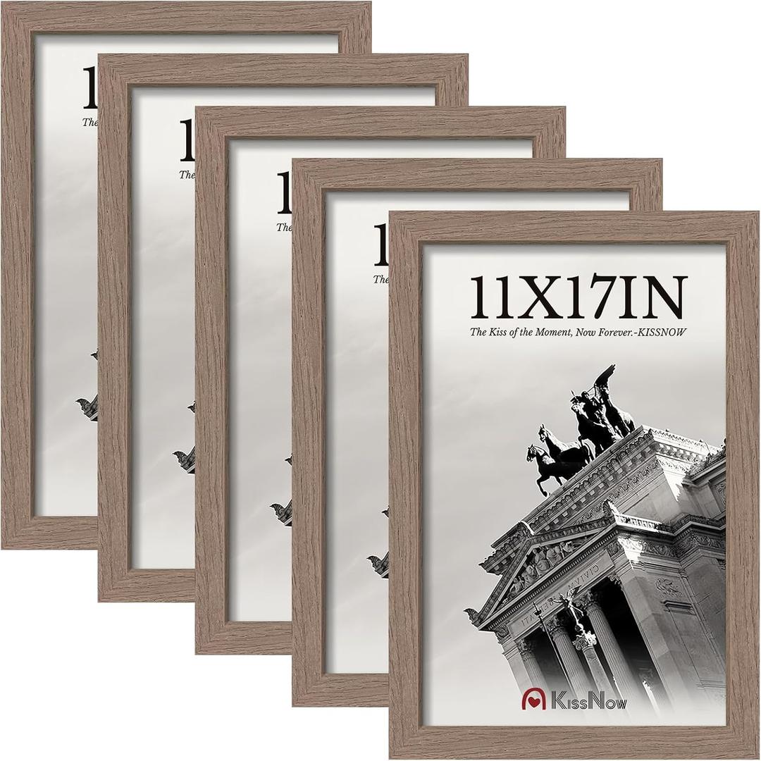 11x17 Picture Frame 5 Pack, Walnut Solid Wood Poster Frame for Wall