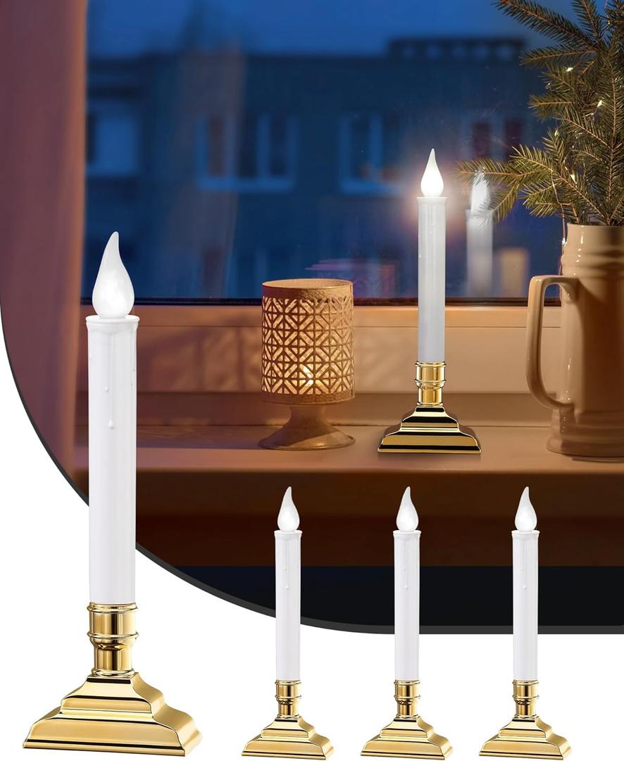 SURAIELEC Battery Operated Christmas Window Candles, Dusk-to-Dawn Window Candle, Cool White LED Flameless Candles for Windows, 1.7 Narrow Base for Windows, Mantels, Dining Tables, Gold, 4-Pack