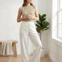 Cotton Linen Palazzo Pants for Women Summer Boho Casual Wide Leg Trousers Drawstring Work Lounge Pant Beach Vacation White | High Waist, Drawstring Elastic Waist, Palazzo Pants, Lightweight Lounge, Work Lounge Pant Beach Vacation (White, L)