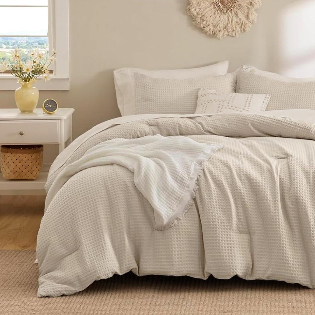 Wrenley Vale 7 Pieces Comforter Set Queen Khaki Waffle Ultra Soft Fluffy Comforter Set All Season Bed in a Bag Set Shabby Chic Farmhouse Rustic Style Bedding