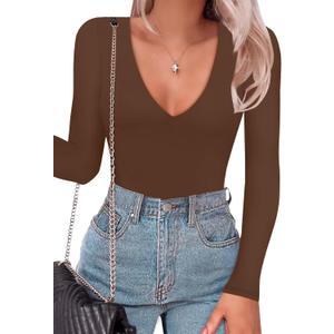 SAUNGKUAI Women's Plunge Deep V Neck Long Sleeve Bodysuit Double Lined Thong Body Suit Shirt Tops (X-Large, Brown)