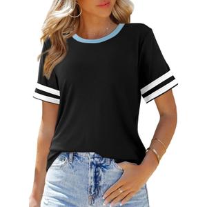 SHEWIN Women's Fashion Casual Crewneck Color Block T Shirts Short Sleeve Summer Tops Tees Slim Fit (Black, L)
