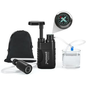 Purewell Water Purifier Pump with Replaceable Carbon 0.01 Micron Water Filter, 4 Filter Stages, Portable Outdoor Emergency and Survival Gear - Camping, Hiking, Backpacking