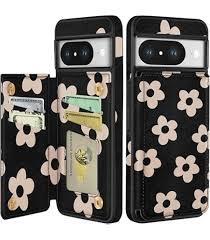Petitian for Google Pixel 8 Case with Wallet - Women Girls Cute Girly Aesthetic Unique Design Leather Credit Card Holder Cardholder Stand Wristband for Pixel 8, Black Flower