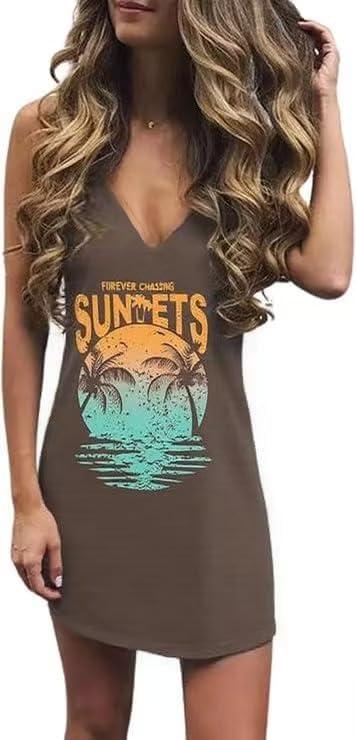 Live Simple Coconut Tree Sleeveless Dress Sunshine Sand Beach Women's Summer Casual V Neck Mini Dress (Large, Brown)
