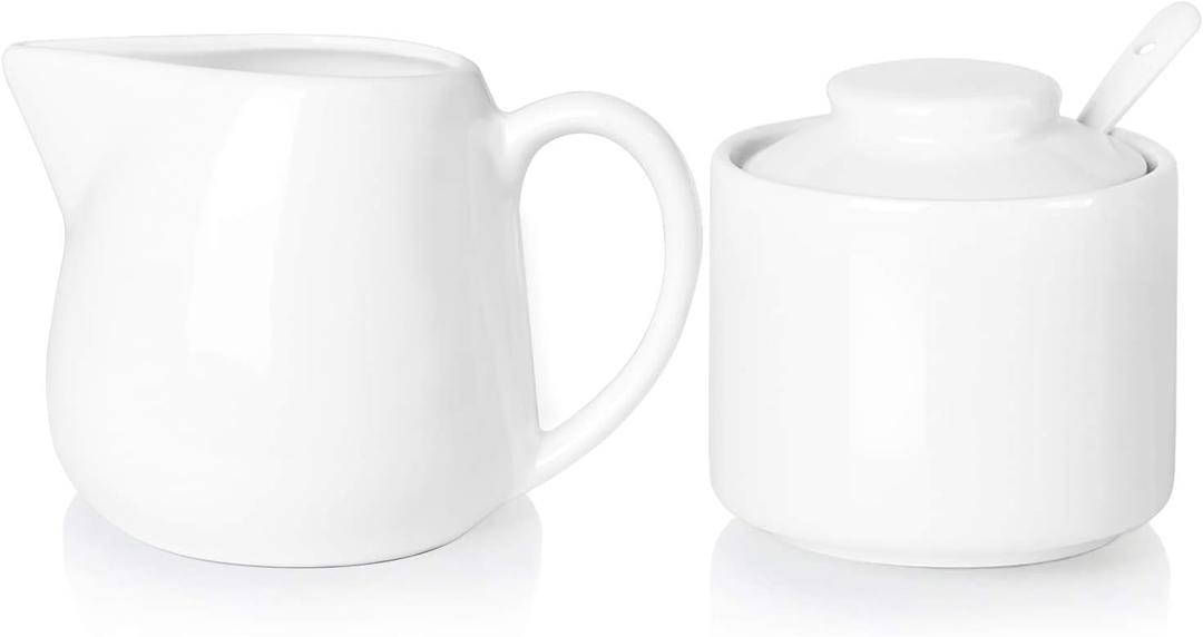 ONTUBE Porcelain Sugar and Creamer Set of 3,Cream Pitcher, Spoon, Sugar Bowl with Lid,Cream (White)
