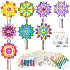 gisgfim 16 Pack Diwali Lotus Flower Wind Chime Crafts Kits for Kids Make Your Own Mandala Wind Chime Wooden DIY Arts and Crafts Decoration for Diwali Party School Classroom Supplies Favors