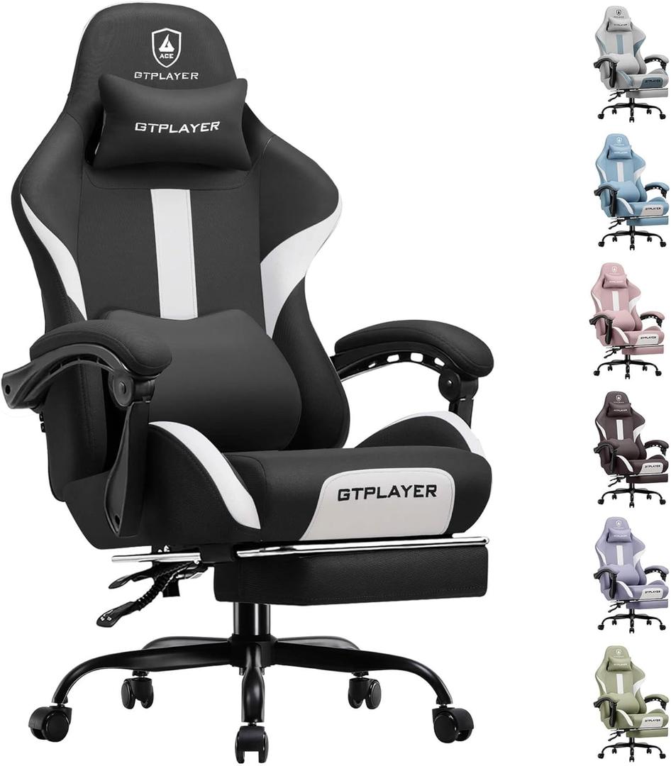 GTPLAYER Gaming Chair with Foot Rest & Pocket Spring Cushion, Breathable Fabric for Home Office Desk, Ergonomic High Back Computer Chair with Headrest & Lumbar Support, Black