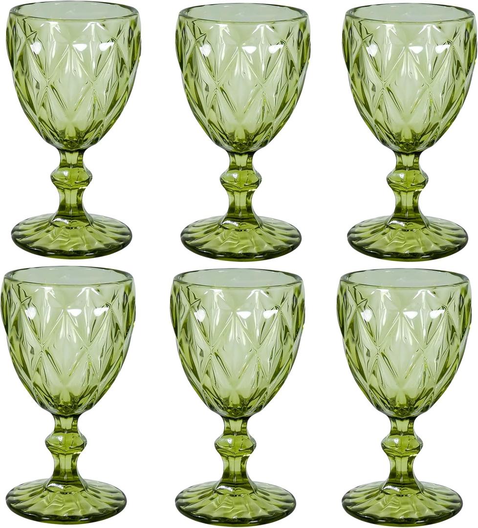 Vintage Wine Glasses Set of 6, 12 OZ Colored Glass Water Goblets, Embossed Floral Decorative Crystal Glass Cups Set, Dishwasher Safe, for Wedding, Party, Red Wine Glass, Bars, Restaurants