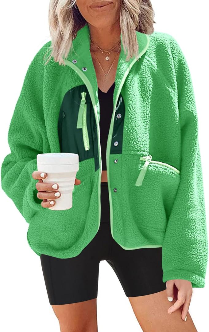 Nirovien Womens Fuzzy Fleece Jacket Button Down Sherpa Coats Casual Winter Warm Outwear with Pockets (Medium, Green Combo)