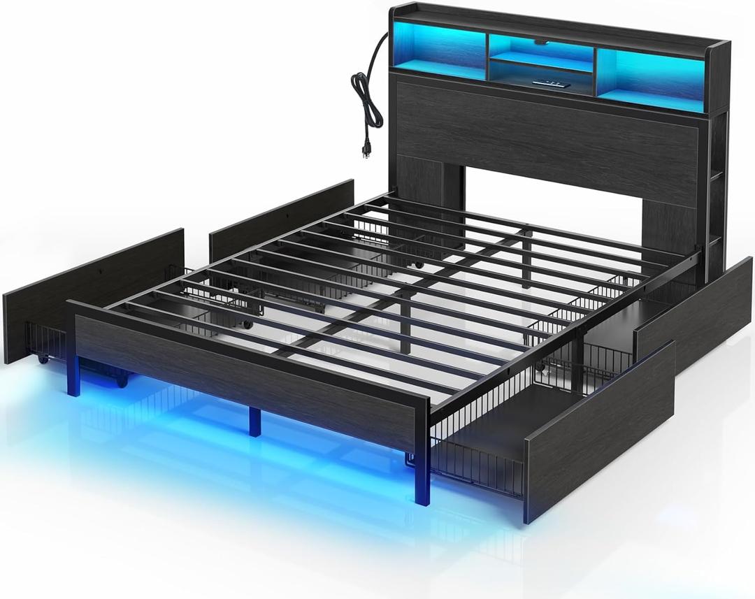 Rolanstar Queen Bed Frame with Storage,4-Drawer Platform Bed with USB Charging Station,Built in LED Lights and Bookcase Headboard,No Box Spring Needed,Easy Assembly,Noise-Free,Black