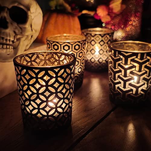 Amazon.com: SHMILMH Halloween Votive Candle Holders Set of 12 Black Gold Glass Tealight Candle Holders with 4 Patterns Table Centerpiece for Halloween Party Table Decorations : Home & Kitchen