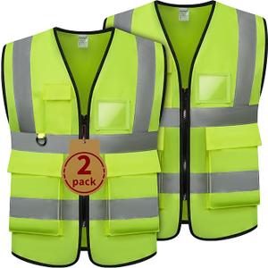 2 Pack Reflective Safety Vest for Men and Women, High Visibility Vest with 5 Pockets and Zipper Front M