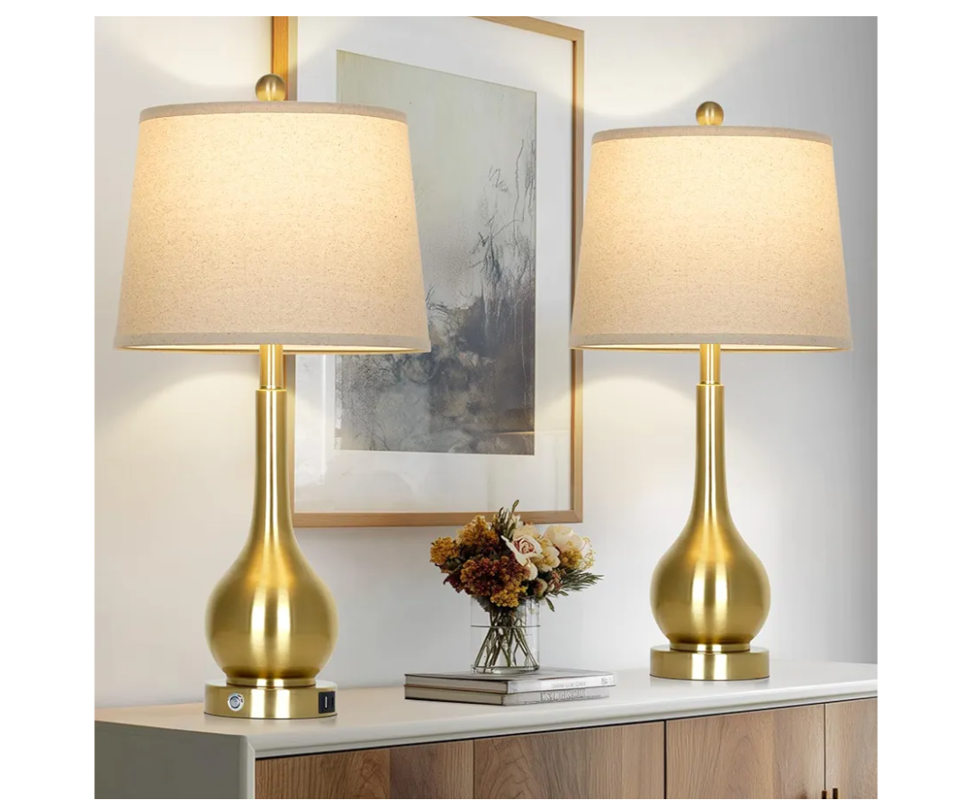 26" Gold Table Lamps Set of 2 for Living Room, Touch Control Bedroom Lamps for Nightstand, 3-Way Dimmable Bedside Lamp with USB A+C Port (2 LED Bulbs Included)
