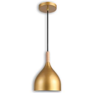 Modern Pendant Light, 6.6"x6.6"x7" Iron Hanging Fixture with Warm Oak Woodgrain, 15"-72" Adjustable Cord, E26 Socket, 4.7" Ceiling Canopy for Dining Area, Bedroom Golden Oak