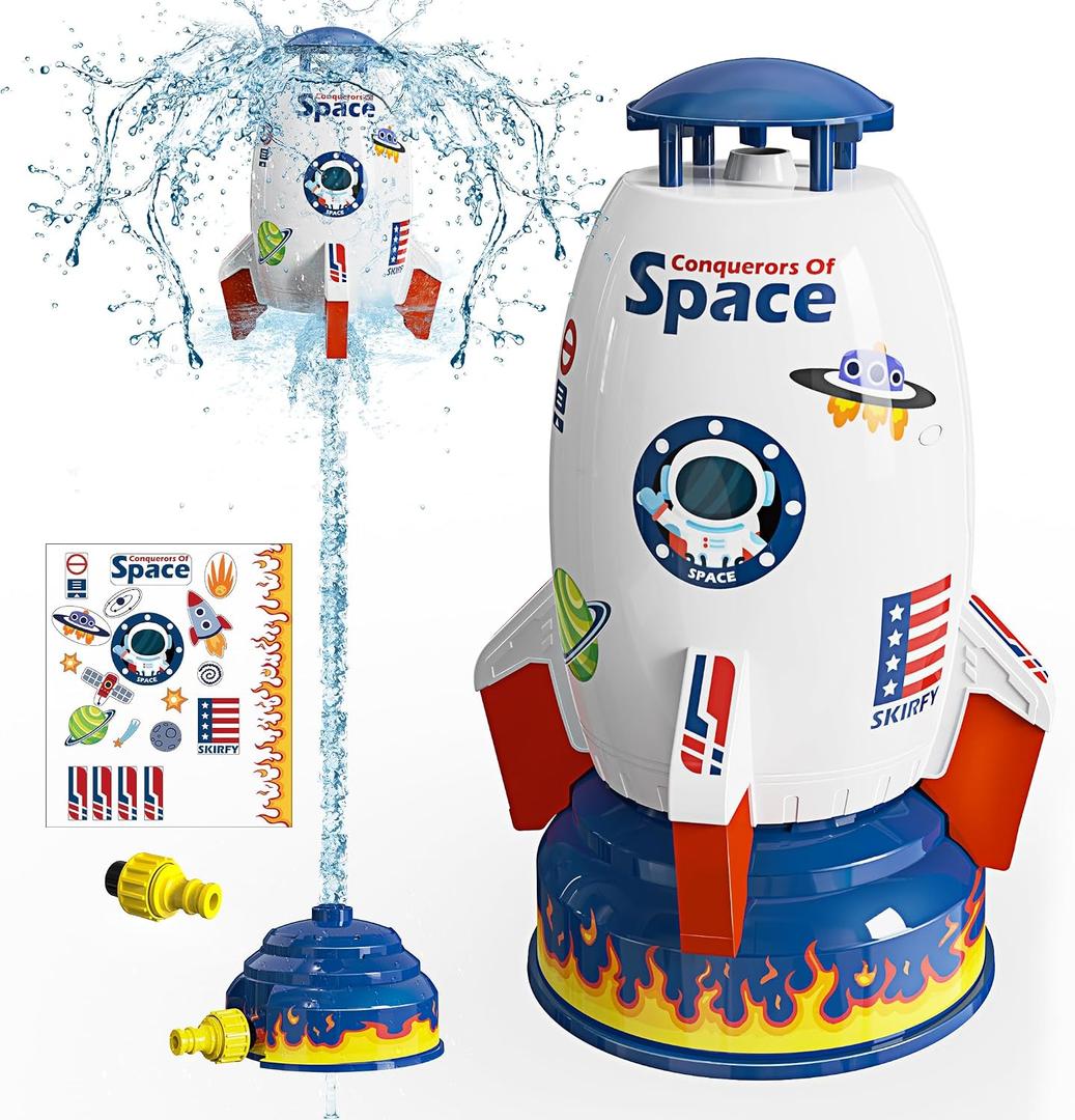 Skirfy Sprinkler Rocket Launcher Outdoor Water Toys for Kids, Rocket Design Water Powered Liftoff 9-16ft & Spin, Summer Garden Lawn Toys & Birthday Gift for Girls Boys Age 3-12 Year Old White