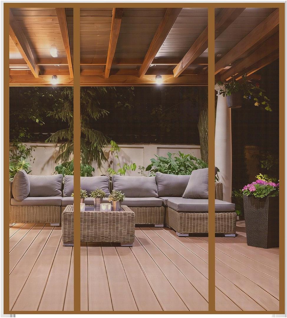 Magnetic Screen Door Fits Door Size 70" x 80", Screen Size 72" x 81", Double Opening, Mesh Net Curtain with Magnet Full Frame Hook & Loop Strip, Brown