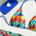 Women's 3 Piece Allover Print Swimsuit Halter String Bikini Sets with Mesh Cover Up Skirt (L)