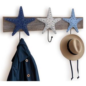 22" Wooden Rustic Starfish Nautical Coat Hook Bathroom Towel Hanger Hanging Plaque for Garden Indoor Outdoor Coat Rack Kitchen Coastal Wall Decor