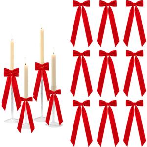 Meseey 12 Pcs Red Candlestick Decoration Bows, 5x13.5 Inch Decorative Velvet Bows for Candle Holder, Bridal Showers, Birthdays & Table Centerpieces Home Decor