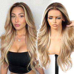 KOME Dirty Blonde 13×4 Layered Wave Synthetic Lace Front Wig 26in, Old Money Brunette Highlights Wigs, Glueless Wig, Daily Use, Beginner Friendly Wig, Realistic Hairline, Soft, Butterfly Cut Wig