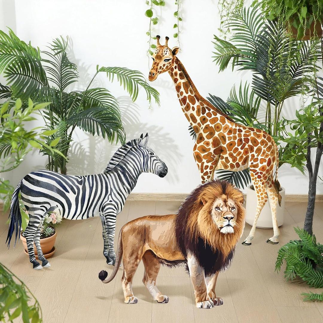 Amyhill 3 Pcs Jungle Safari Animal Cardboard Cutout Standup Life Size Safari Birthday Party Decorations Lion Giraffe Zebra Cardboard Cutouts for Baby Shower Birthday Party Photo Backdrop Favors