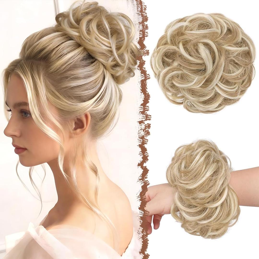 FESHFEN Large Messy Bun Hair Piece - Wavy Synthetic Chignon Scrunchies Elastic Ponytail Hair Extensions Thick Hairpieces for Women, Dirty Blonde 1.94oz
