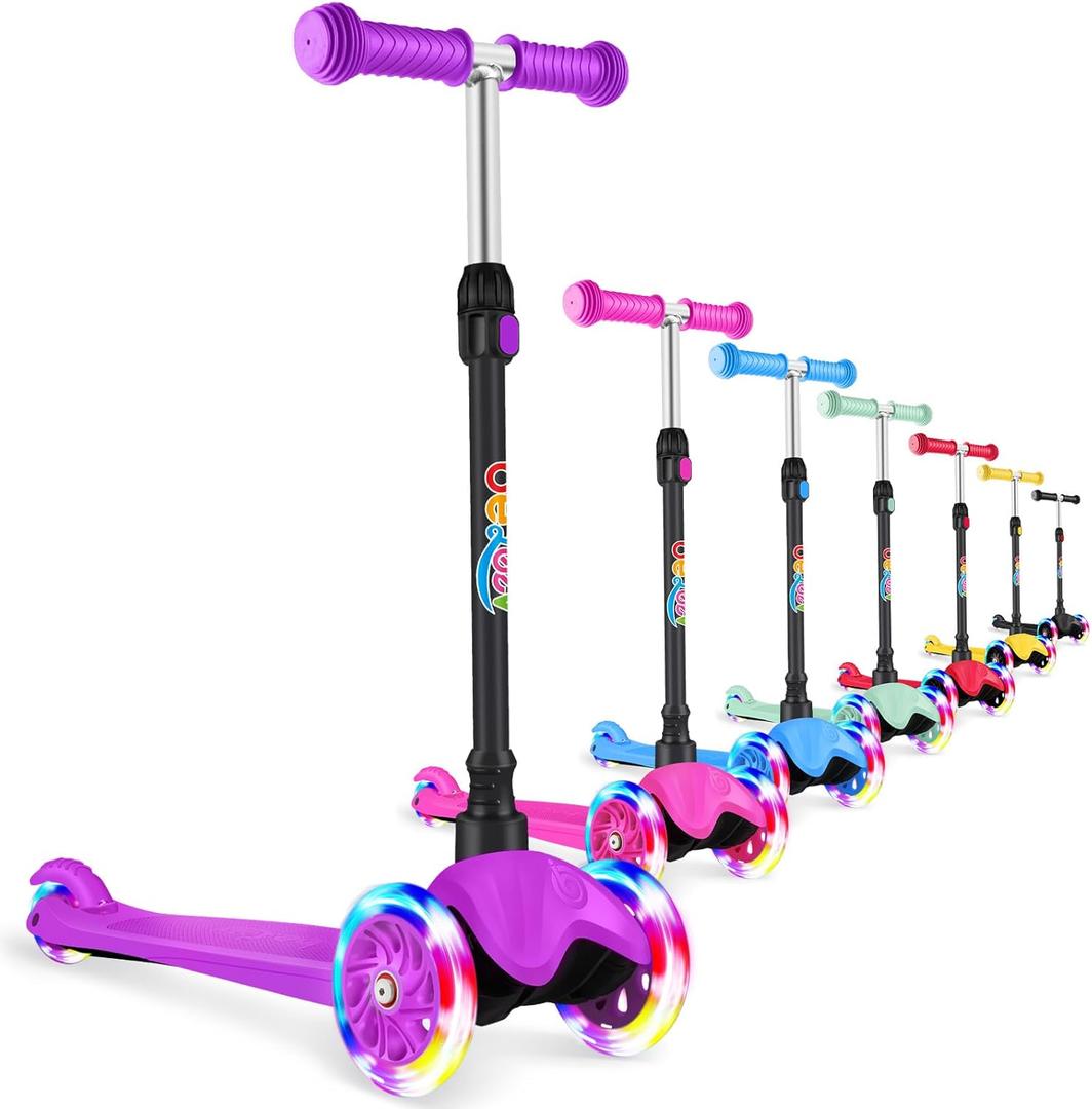 BELEEV A1 Scooter for Kids Ages 2-6, 3 Wheel Kick Scooter for Toddlers Girls Boys, Light up Wheels, Adjustable Height, Lean to Steer, Non-Slip Deck, Lightweight Push Scooter for Children (Purple)