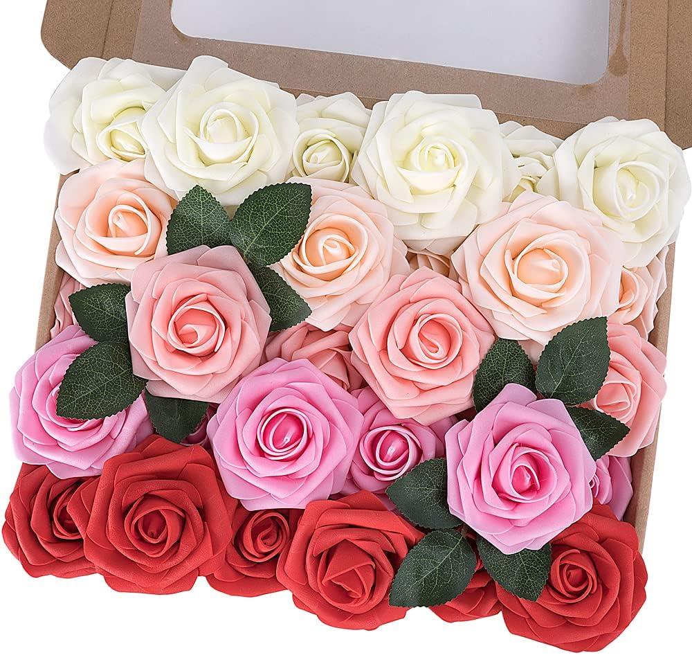 MACTING Artificial Rose Flowers 30PCS Fake Flowers with Stem Real Touch Soft Foam Rose for Valentines Day Gifts Wedding Bouquet Baby Shower Table Centerpieces Spring Decorations,Gradual Red Series